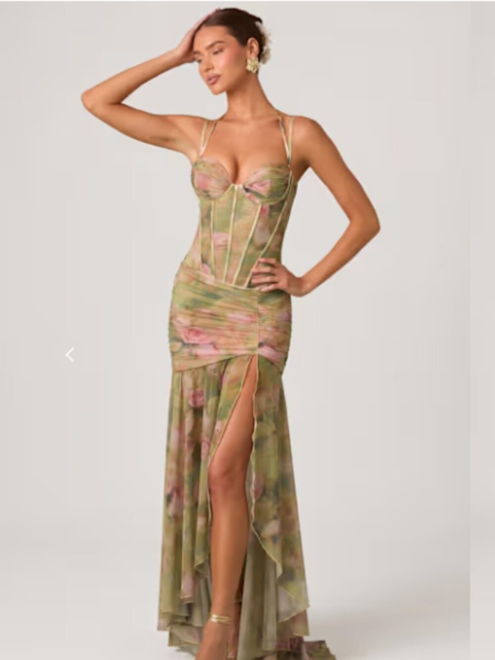 Oh Polly Haruna Ruched Asymmetric Corset Gown in Floral Multi Print